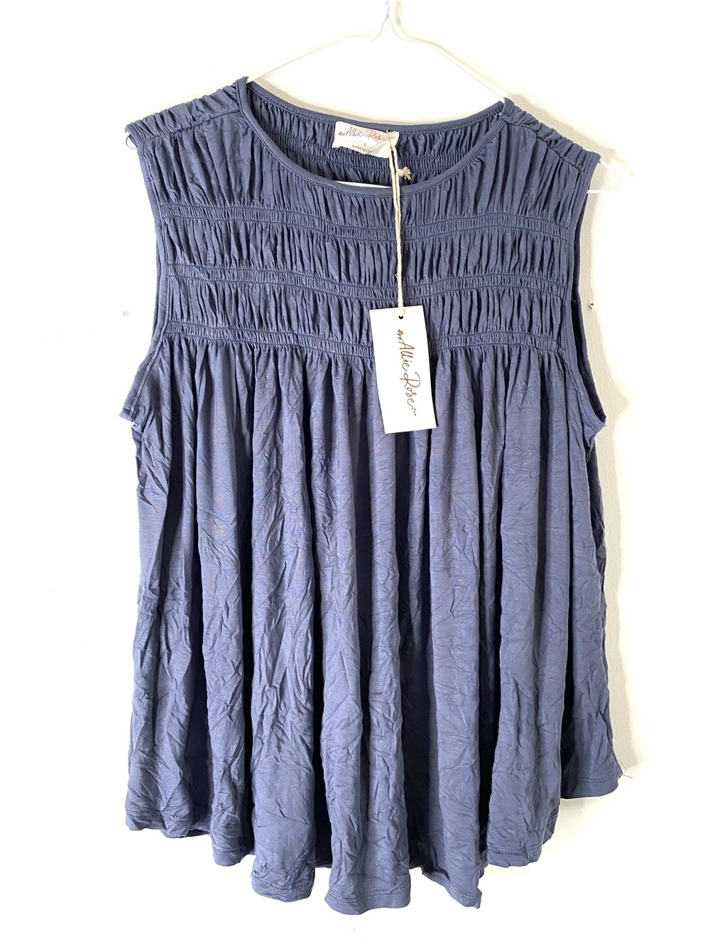 Allie Rose Slate Blue Smocked Sleeveless Top NWT Fit & Flare Crew Neck